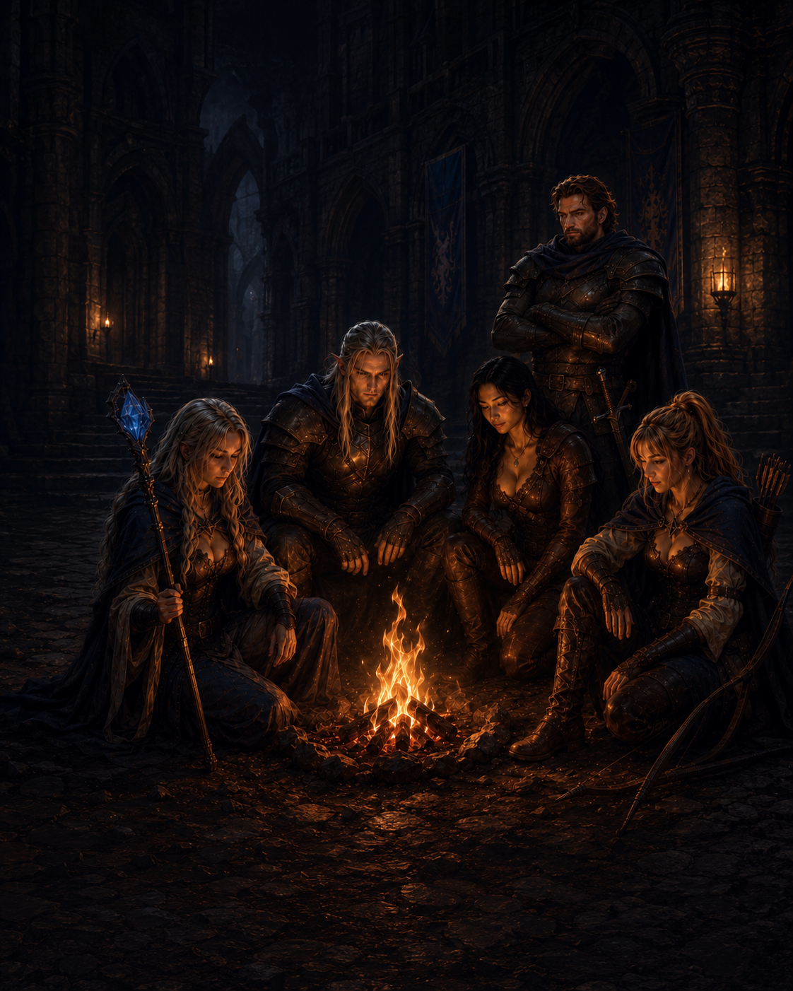 The party, gathered around the fire