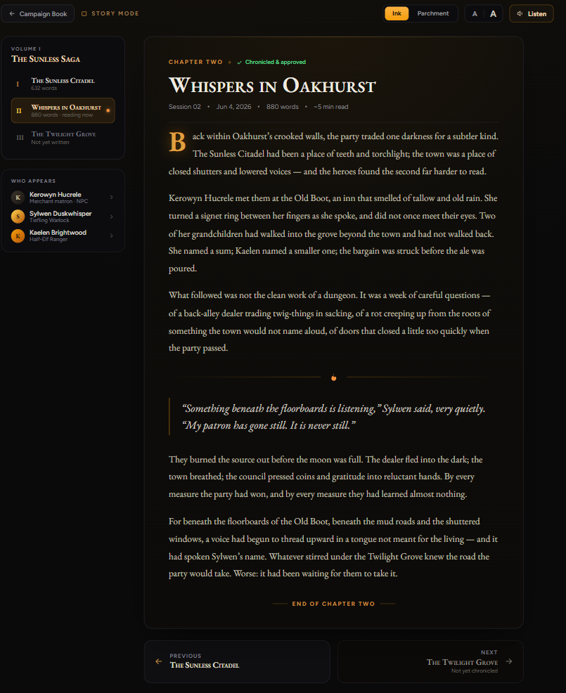 Story Mode — a chronicled chapter, read like a novel